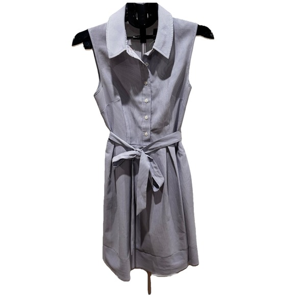 Seersucker Shirt Dress Blue Stripe Sleeveless Belted Preppy Coastal Summer Sz 6 - Picture 2 of 11